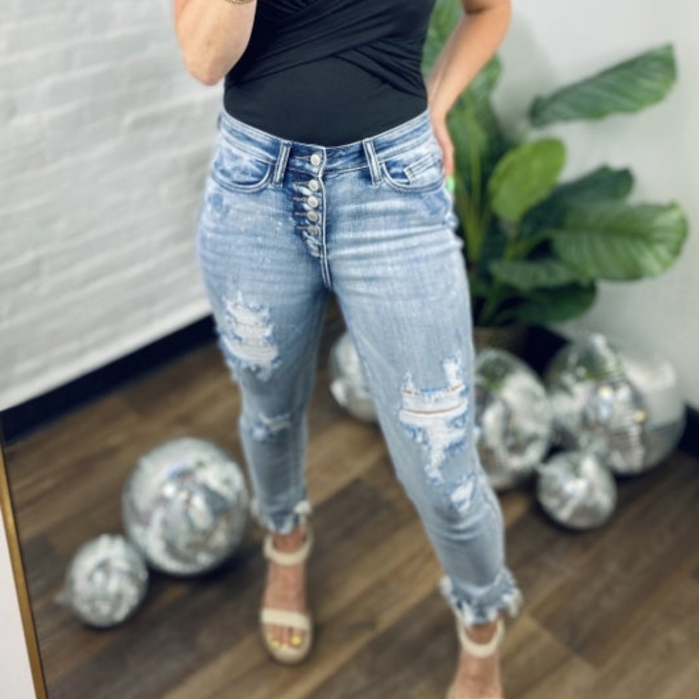 Judy blue skinny jean high waist size 5 button fly distressed